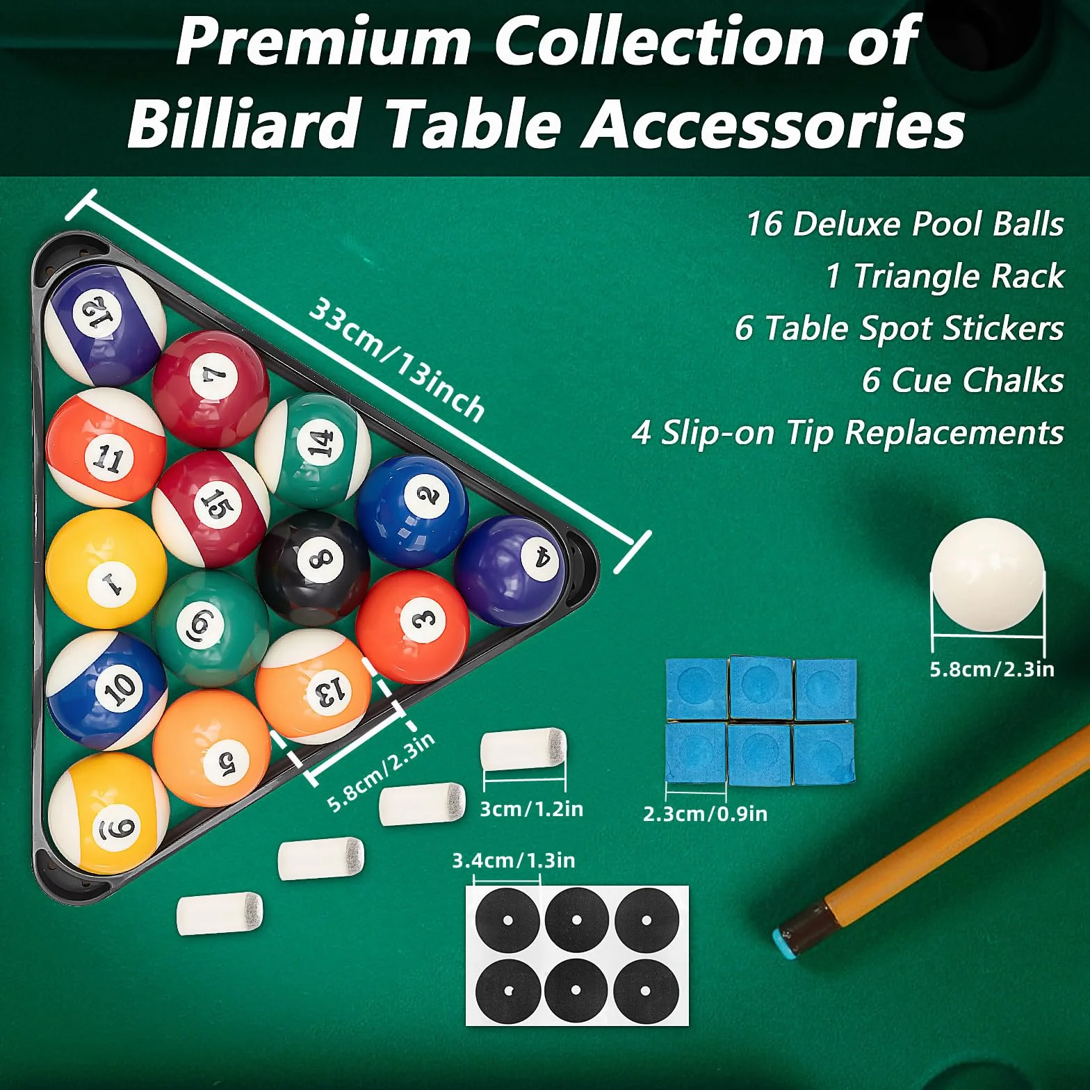 Billard Pool Bälle mit Queuekreiden, Triangle Ball Rack, Tip Ersatz und Tischspot Aufkleber, Billardtisch Zubehör