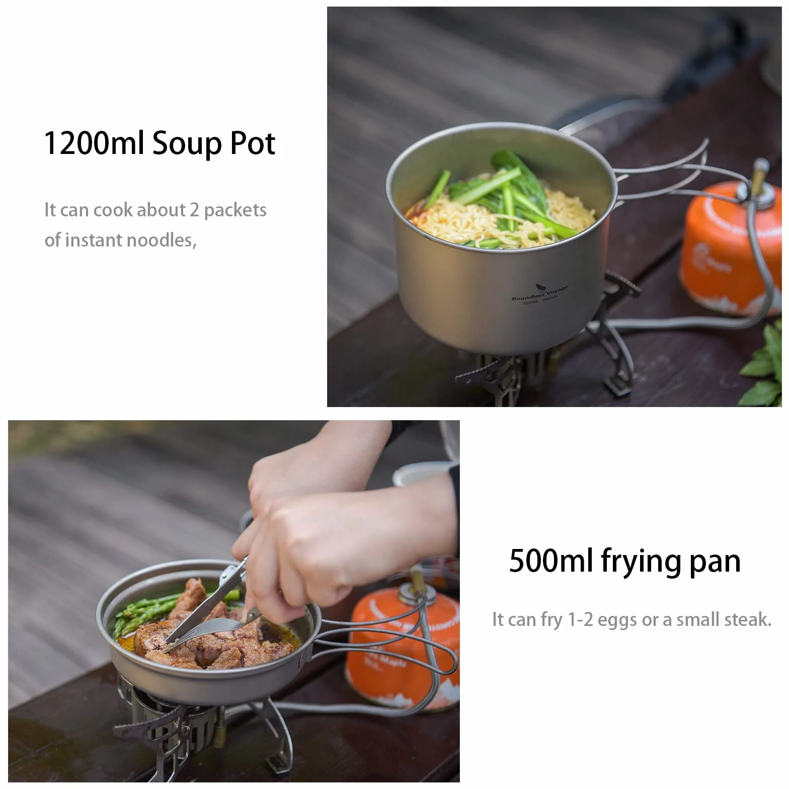 iBasingo Titan Topf Pfanne Set 1200ml & 500ml Camping Kochgeschirr Outdoor Schüssel Set Leichte Koch Mess Kit mit Klappgriff Küchen Utensilien Campingausrüstung für 1 Personen 2 Stücke/Set Ti2110C