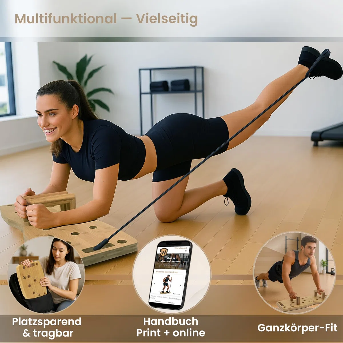 Amplitude – Premium Liegestützbrett/Push up Board aus Holz für Home gym – Klappbares Fitnessgerät für Zuhause – inkl. resistance bands + 30-in-1 Trainingsanleitung
