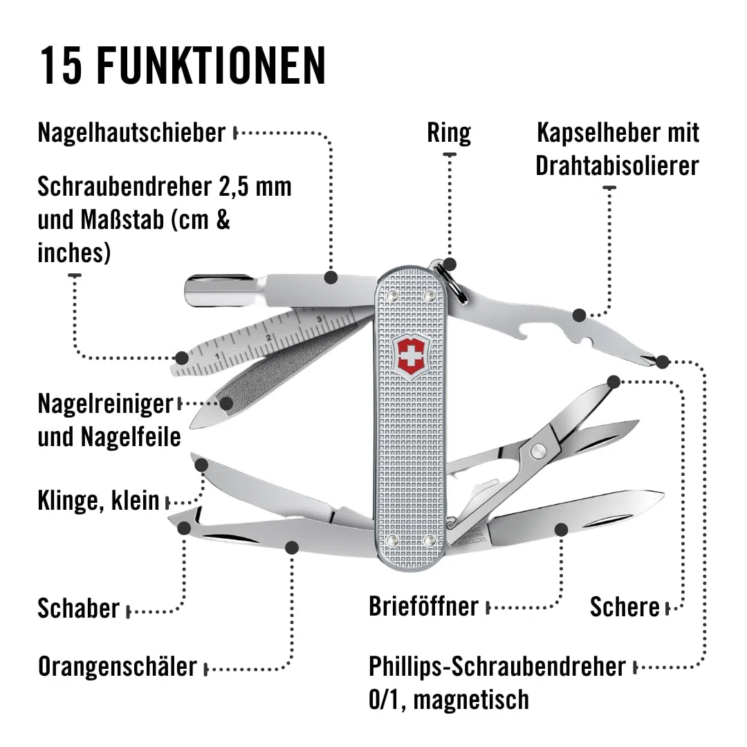 Victorinox Schweizer Taschenmesser Mini Champ Alox, Klein, 15 Funktionen, Swiss Made, Multitool mit Brieföffner, Kapselheber, Drahtabisolierer, Silber