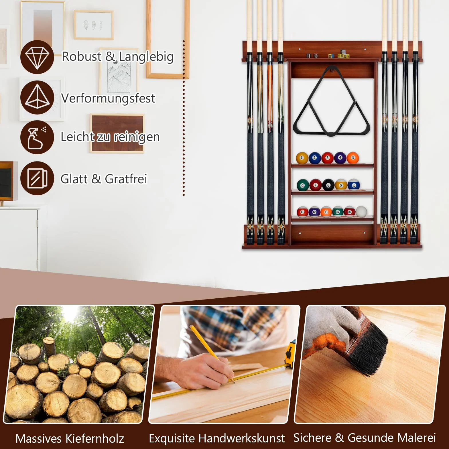 GOPLUS Billardständer, Pool Queue Halter aus Kiefernholz mit 8 Queue-Stifte, 3-stufig, Ball Rack Halter & Regal, Billardqueueständer für Bars Clubs Spielzimmer, Wandmontage (Braun)