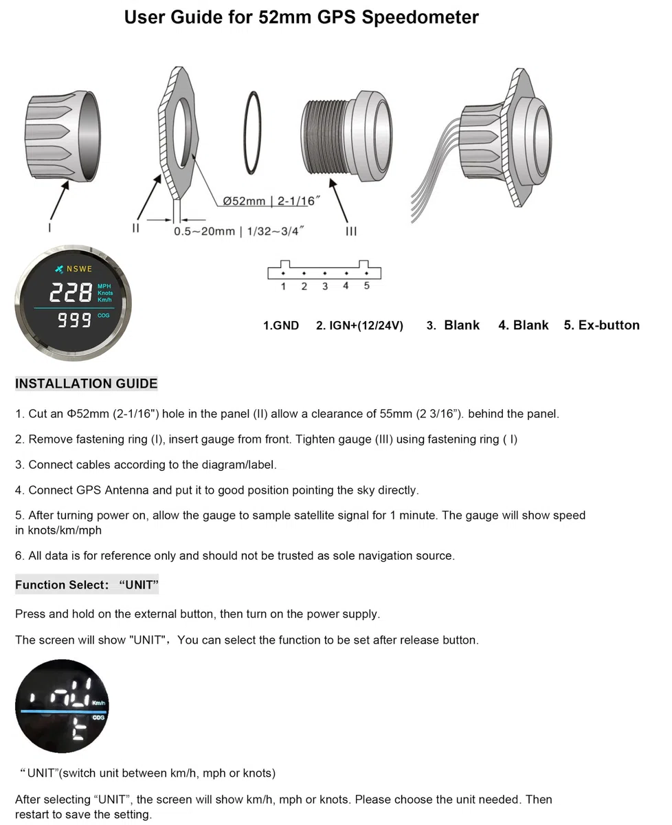 ELING 52 mm Universal-GPS-Tachometer 0–999 km/h mph Knoten mit Kurs über Grund mit Hintergrundbeleuchtung 12 V 24 V für Marine-Segelboote