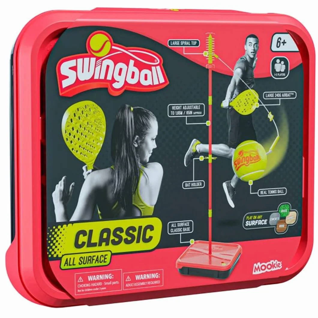 Swingball Klassische Alle Oberflächen, rot und gelb, Outdoor-Aktivitäten, Oberflächen, echter Tennisball und 2 Meisterschaftsschläger, geeignet für alle ab 6 Jahren