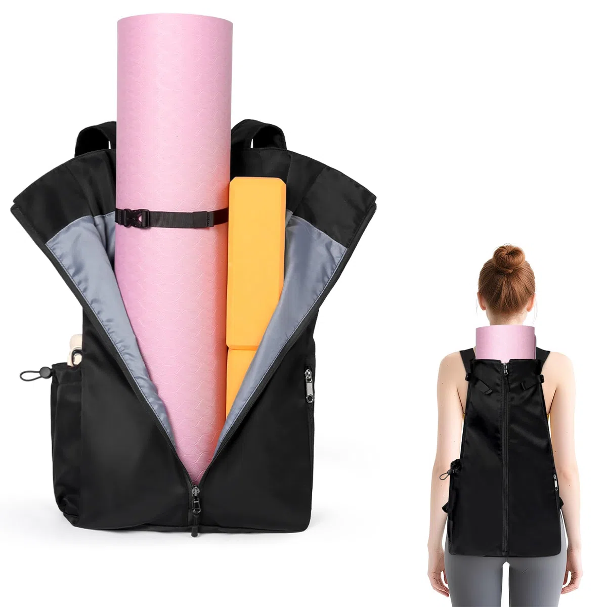 WOMACO Yogamatten-Tasche, verstellbare Yogamatblöcke, Träger mit Rucksackgurten und Seitentaschen, Top-Öffnung, Yoga-Rucksack für Yoga-Zubehör