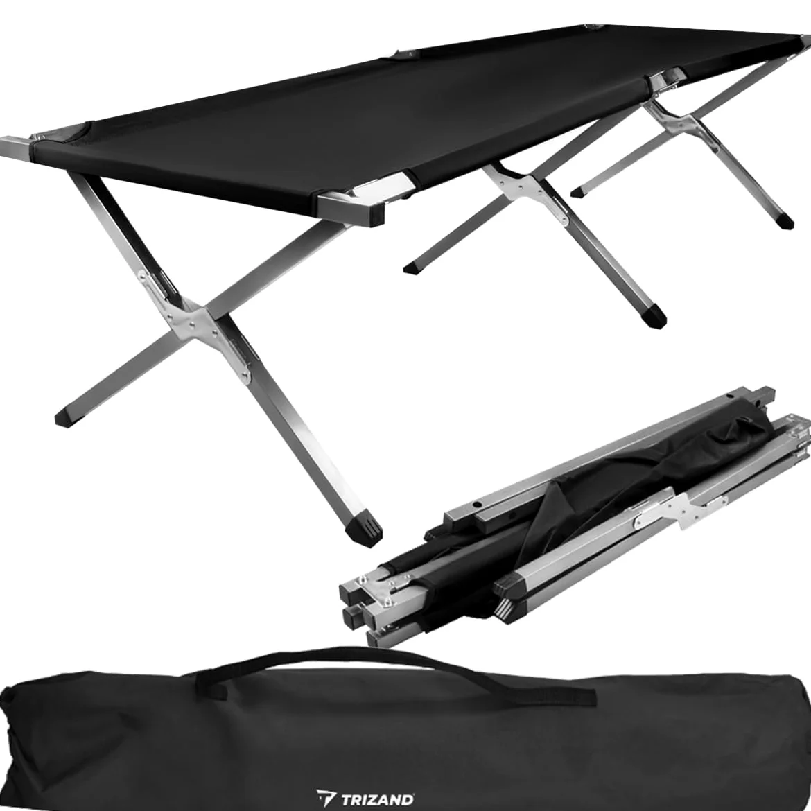 TRIZAND Feldbett Klappbar Belastbar Stabil Komfortabel bis 110kg - Tragebeutel Gästebet - Camping Zelten Schwarz - Oxford 600D - Klappbar für Gäste, Garten, Balkon, Strand