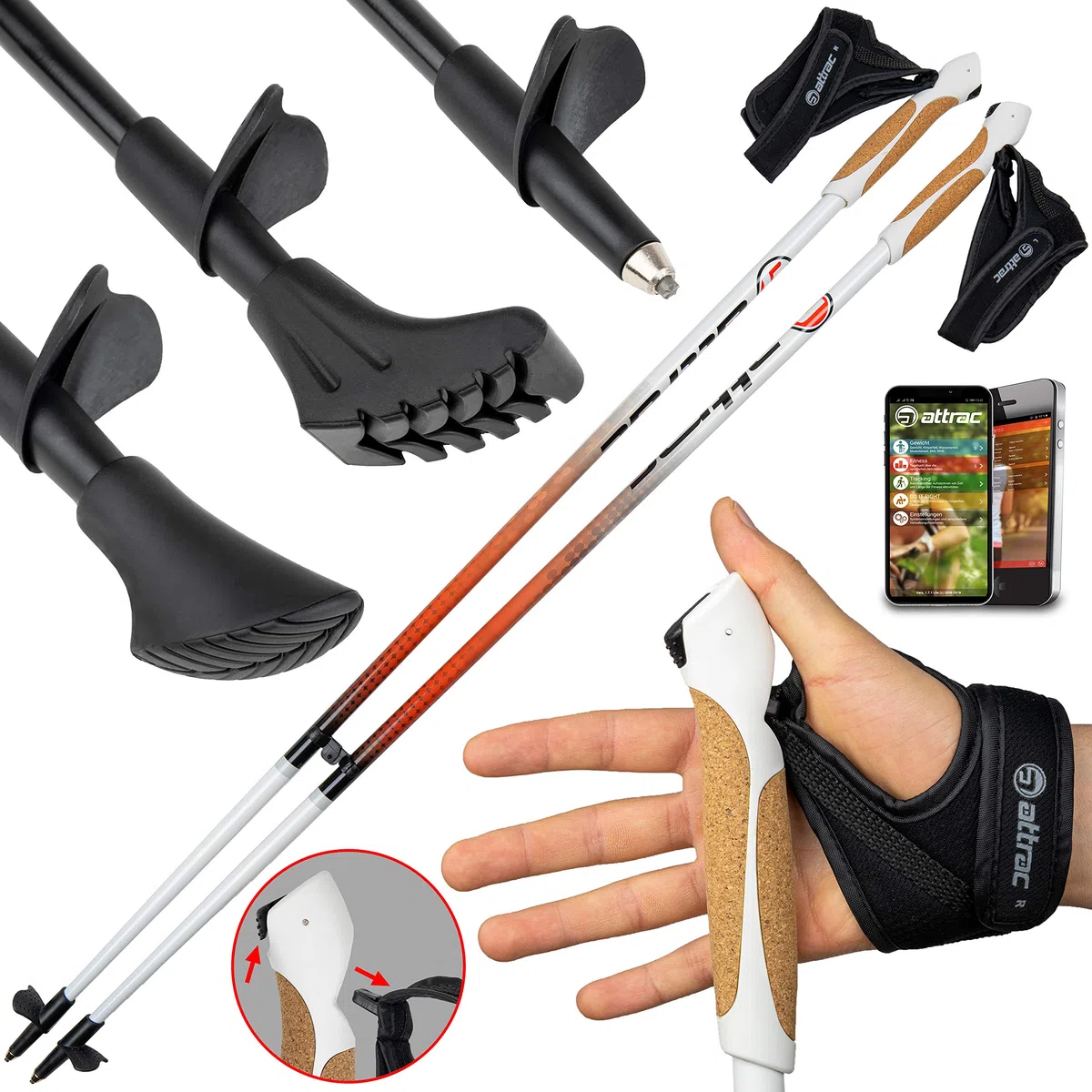 ATTRAC Nordic Walking Stöcke Aluminium | Handgelenkschlaufen inklusive | Mit Nordic Walking/Fitness App | Leichtgewicht | Stoßdämpfend - 110cm