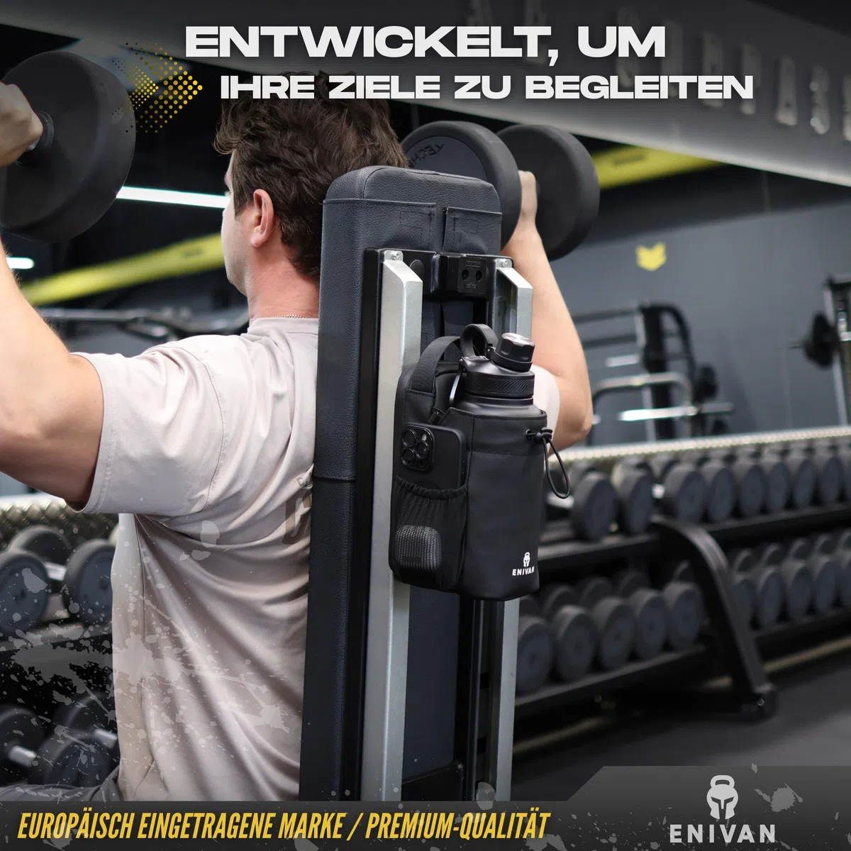 Magnetische Sporttasche mit Flaschenhalter, passt für 1,5 L Trinkflaschen, Handyfach, Schlüsselkarabiner, Schultergurt – für Männer & Frauen, Gym, Fitness & Alltag, wasserabweisend, Schwarz