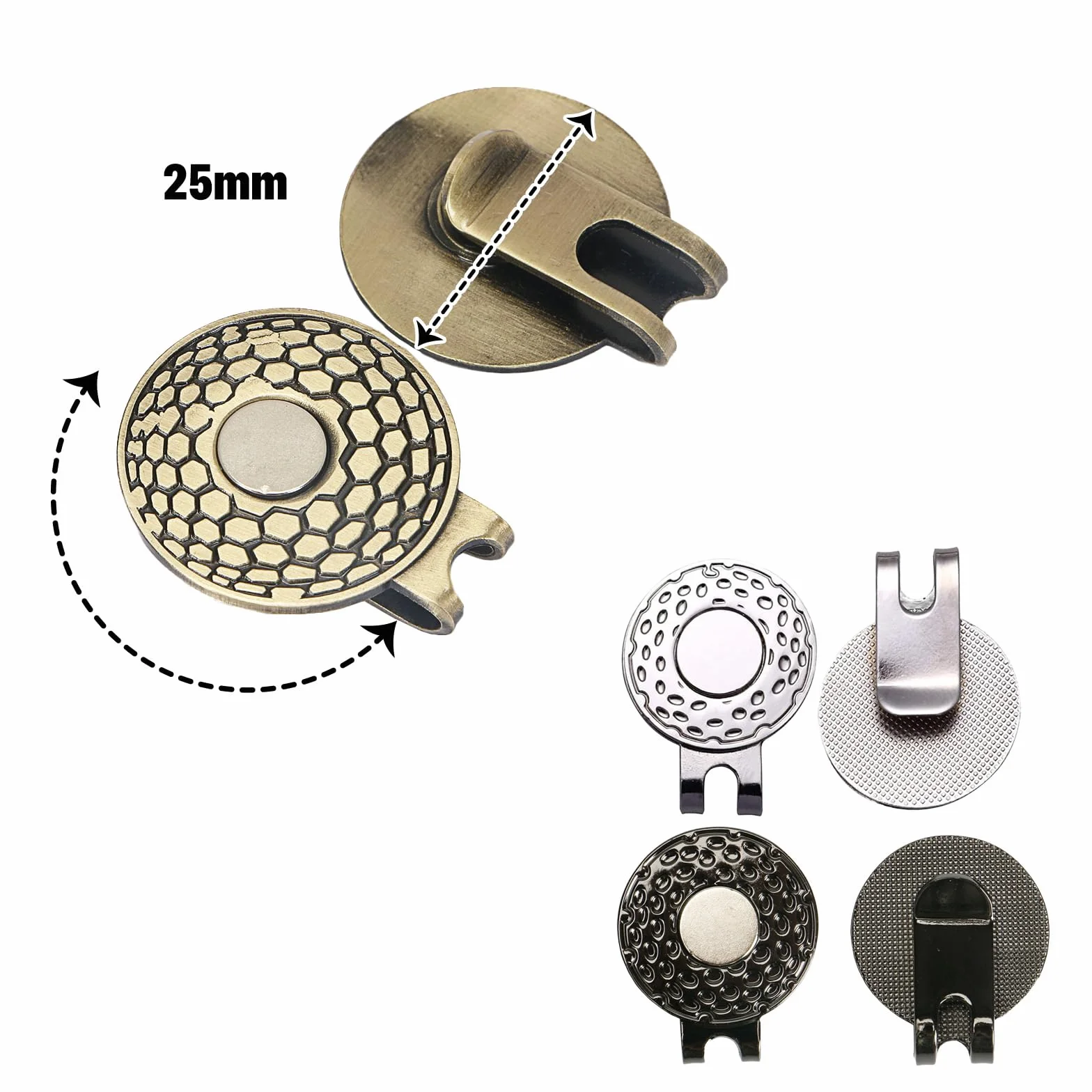 3 Stück Magnetischer Golfball-Markierer, Clip, Golf-Hut-Clip, Golf-Trainingshilfen, Zinklegierung, Zubehör, Silber, Bronze, Schwarz