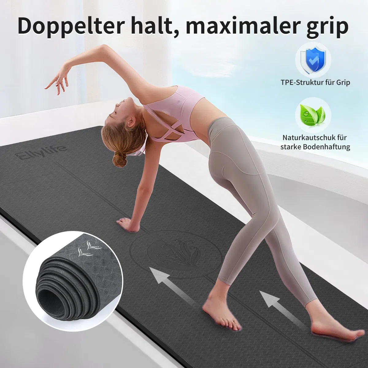 Yoga Matte Rutschfest Dick, Nachhaltige Naturkautschuk + Eco TPE oder PU, Ausrichtungslinien, Hautfreundliche, Starker Grip, Einzigartiges Design, mit Tragegurt, für Yoga, Pilates, Fitness