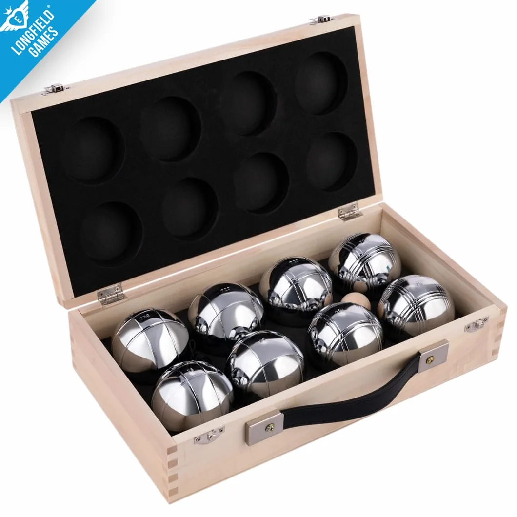 8-teilige Metall Boule Kugeln Set in Luxuriöser Holzkiste mit Magnet, Distanzmesser & Holz-Cochonnet – Boccia / Botcha Spiel für Kinder & Familien - Petanque, Jeu de Boules, Cross Boule - 010206