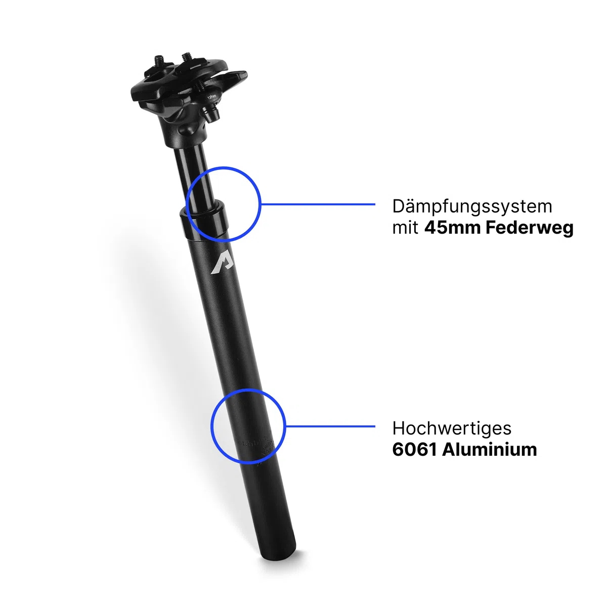 Alpensattel Gefederte Sattelstütze, 6061 Aluminium, 350mm, 27,2mm Durchmesser, 45mm Federweg, 500g, für MTB, E-Bike, Trekking, Gravel, Rennrad