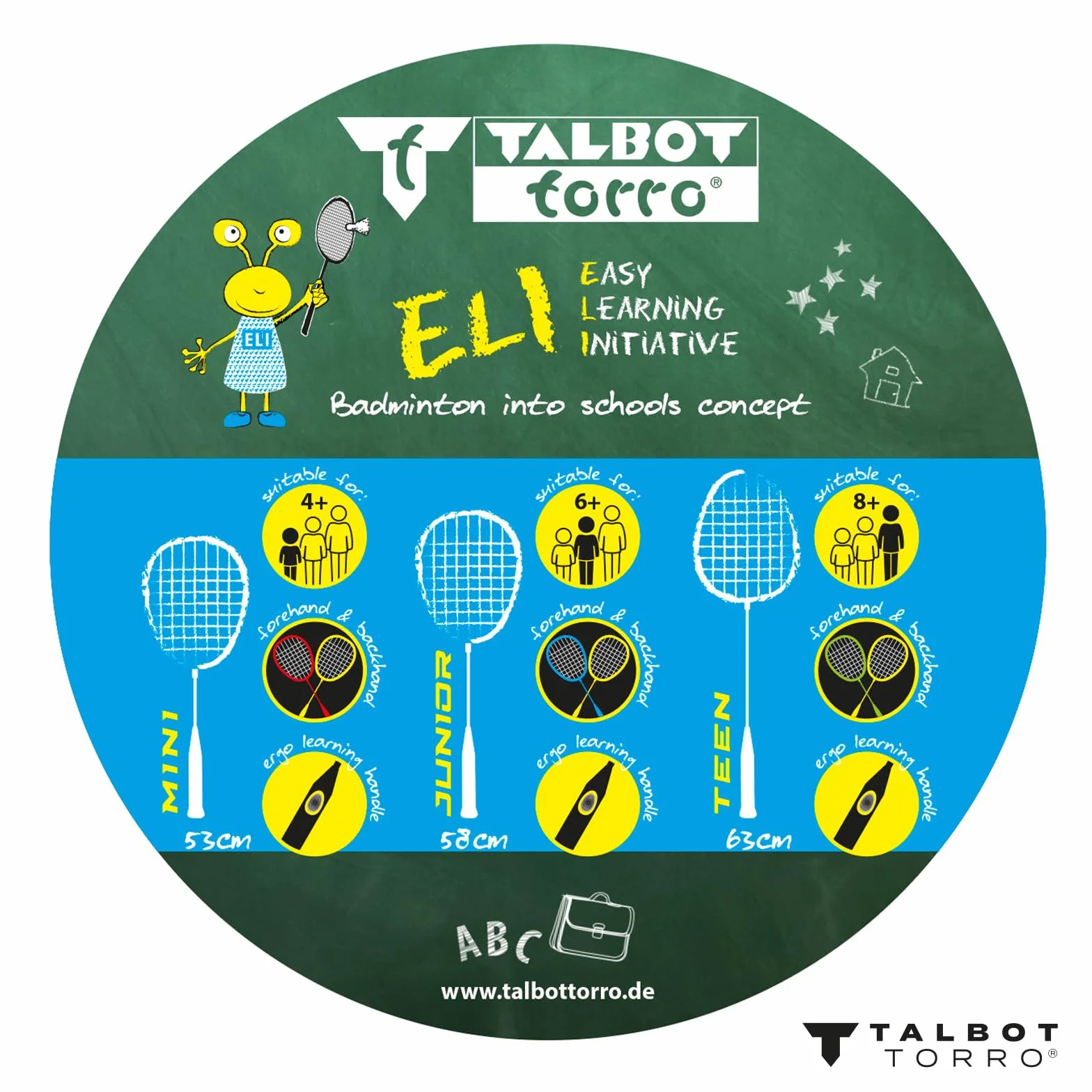 Talbot Torro Lern-Badmintonschläger ELI Junior, verkürzte Länge 58 cm, Lerngriff, Tropfenkopf, ideal für Schulsport und Training, schwarz-gelb-blau