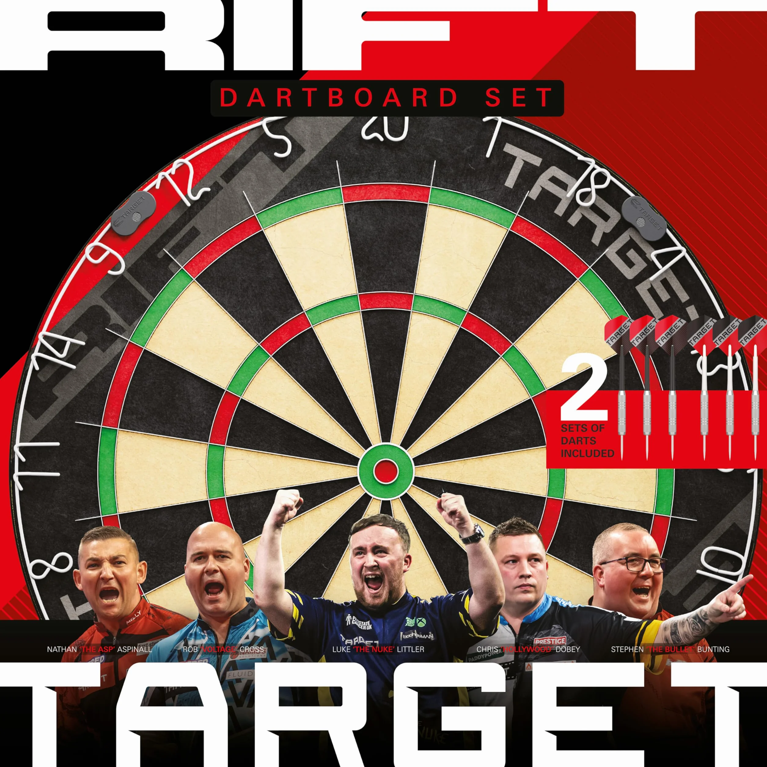 Target Darts Rift Dartboard Set | Steeltip-Dartboard | Klammerloser Draht | 2 Sets 17g Darts | Komplettes Starter Set | Inklusive 1 Monat DartCounter App