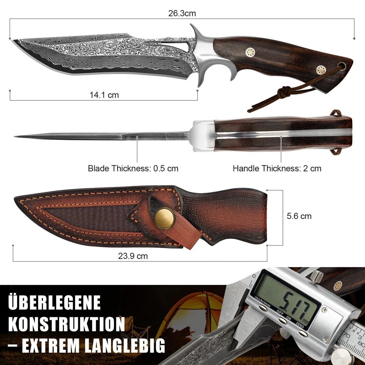 Damast Jagdmesser 26,4 cm, VG10 Feststehendes Bowie Survivalmesser | 67-lagiger Handgefertigter Damaszenerstahl mit Holzgriff und Echtlederscheide für Outdoor Bushcraft