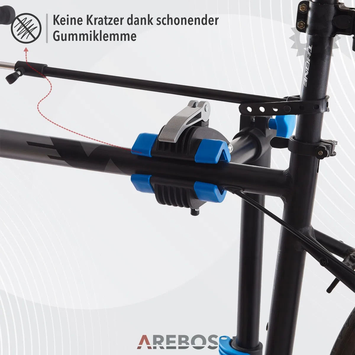 Arebos Fahrrad-Montageständer mit Tasche, 360° drehbar, für Mountainbike, E-Bike und Citybike, mit Schnellspannvorrichtung, Profi-Reparaturständer Schwarz/Blau