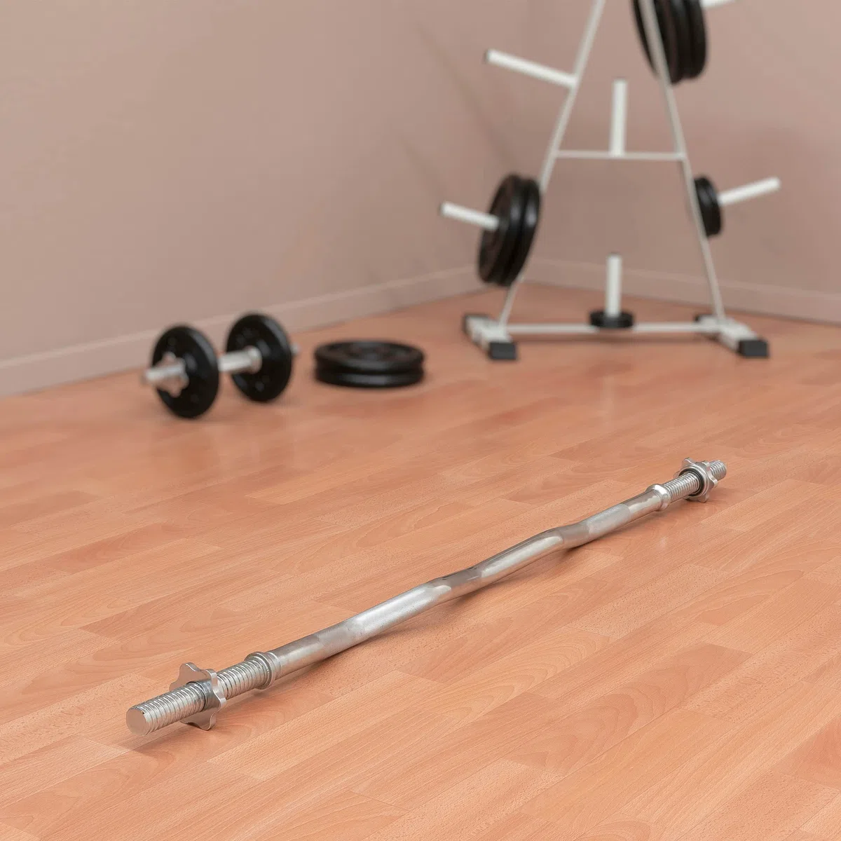 Curl-Set 120 cm 26 kg 8 Gewichte Gusseisen Krafttraining Zugstange silber verchromt Workout Bodybuilding Fitness Sternverschlüsse Gewichtheben