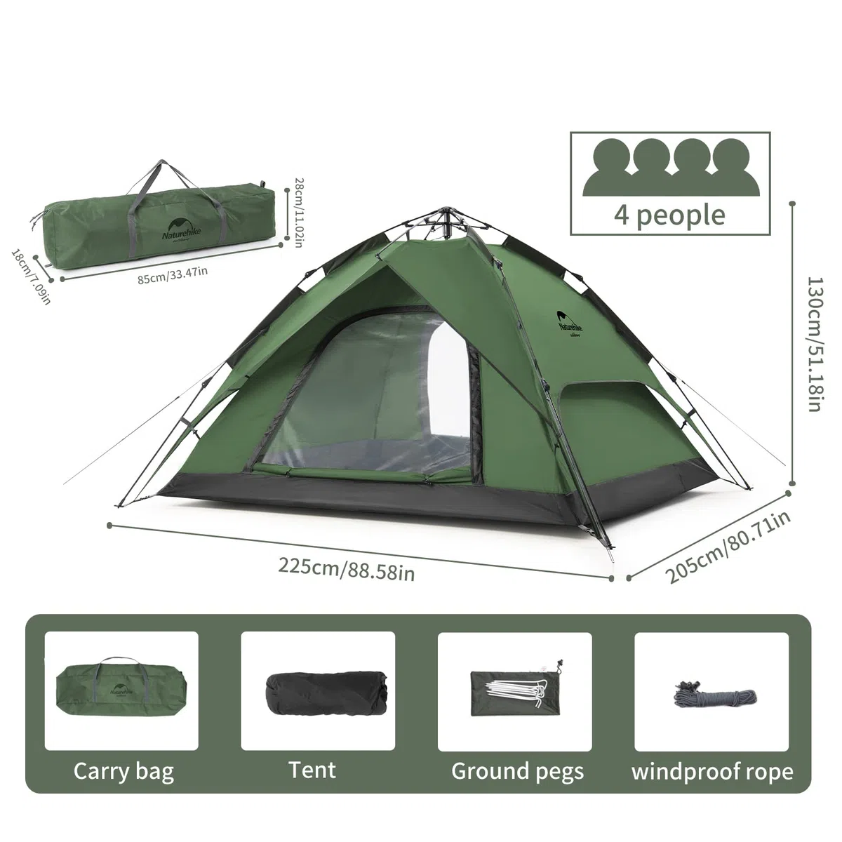 Naturehike Pop Up Zelt Wurfzelte Automatik Campingzelt 3-4 Personen Doppeldeck Kuppelzelt Großes Familienzelt mit Tragetasche
