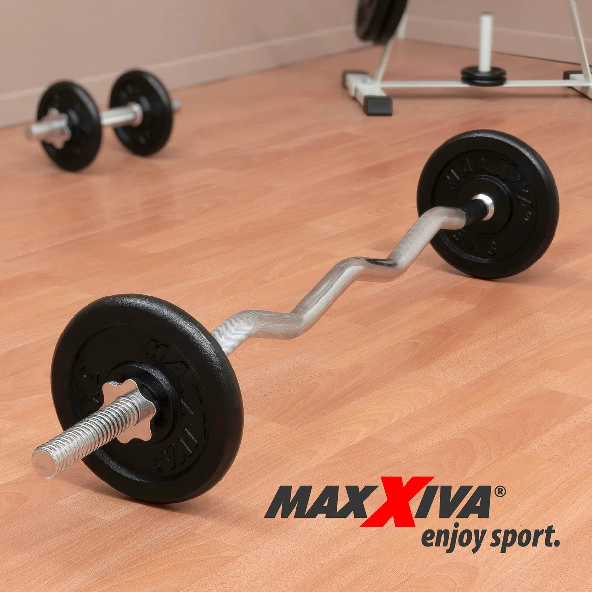Curl-Set 120 cm 26 kg 8 Gewichte Gusseisen Krafttraining Zugstange silber verchromt Workout Bodybuilding Fitness Sternverschlüsse Gewichtheben