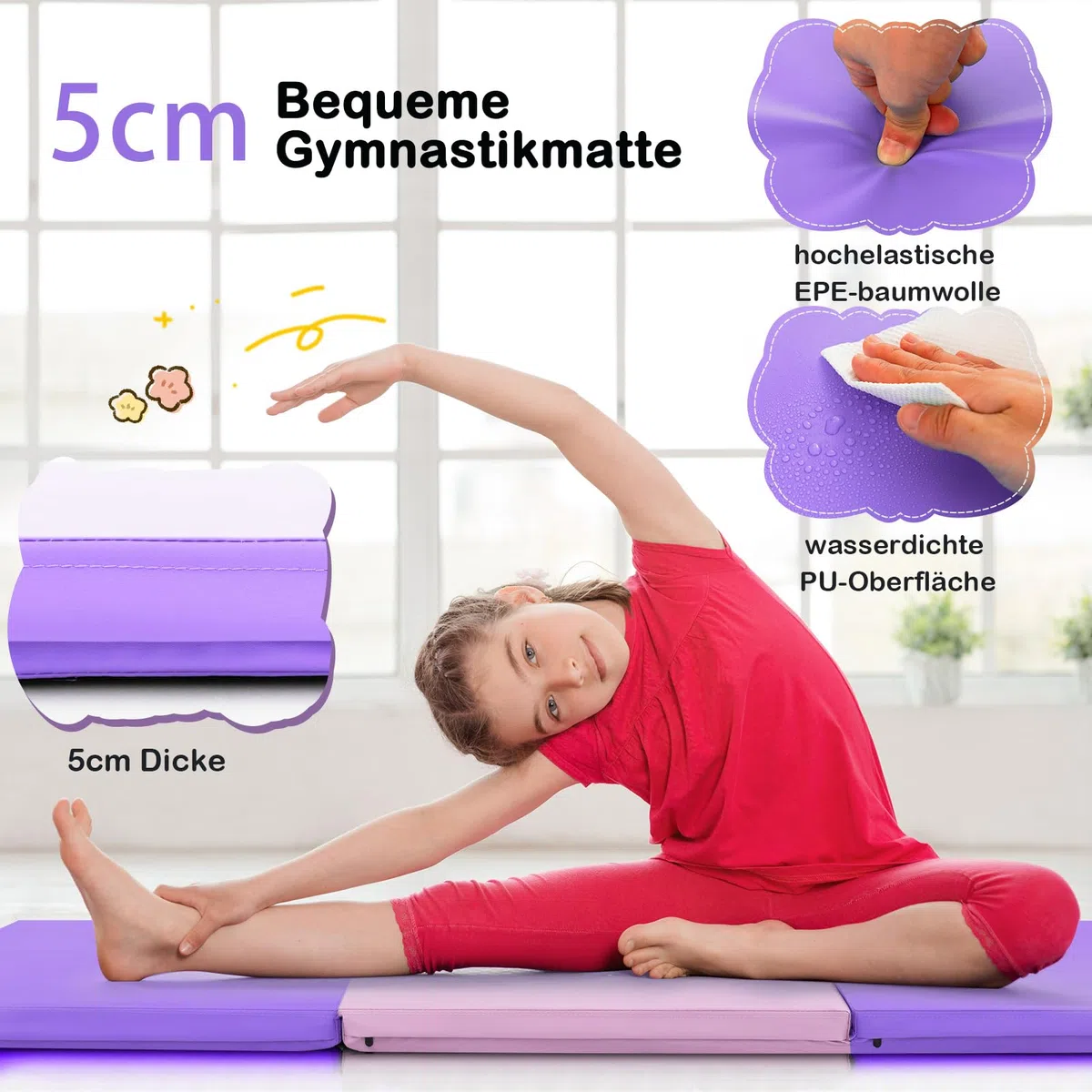 GOPLUS Weichbodenmatte, 180 x 60 x 5 cm Yogamatte rutschfest mit Klettverschlüssen & Tragegriffen, Gymnastikmatte klappbar aus PU-Leder, Turnmatte zum Trainieren von Gymnastik & Yoga