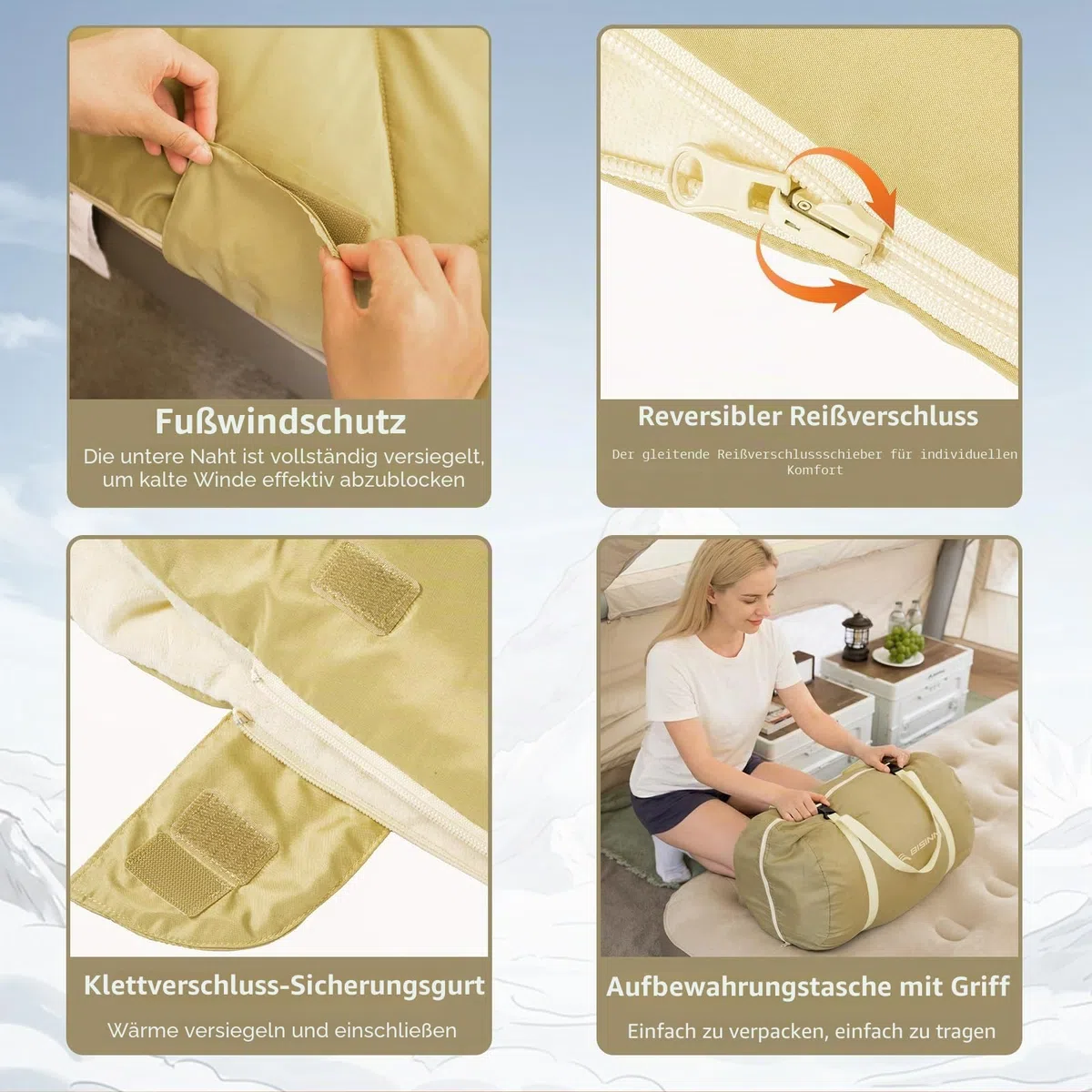 BISINNA Doppelschlafsack Flanell für Erwachsene, 2-Personen Queensize, versch. Größen (3,2-4,5 kg), für alle Jahreszeiten, Wandern, Rucksackreisen, kaltes Wetter, mit Kompressionsbeutel