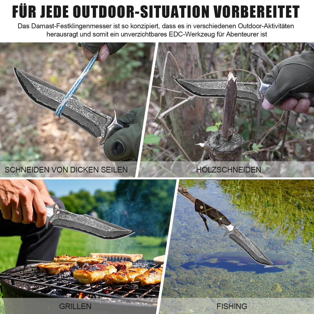 Damast Jagdmesser 26,4 cm, VG10 Feststehendes Bowie Survivalmesser | 67-lagiger Handgefertigter Damaszenerstahl mit Holzgriff und Echtlederscheide für Outdoor Bushcraft