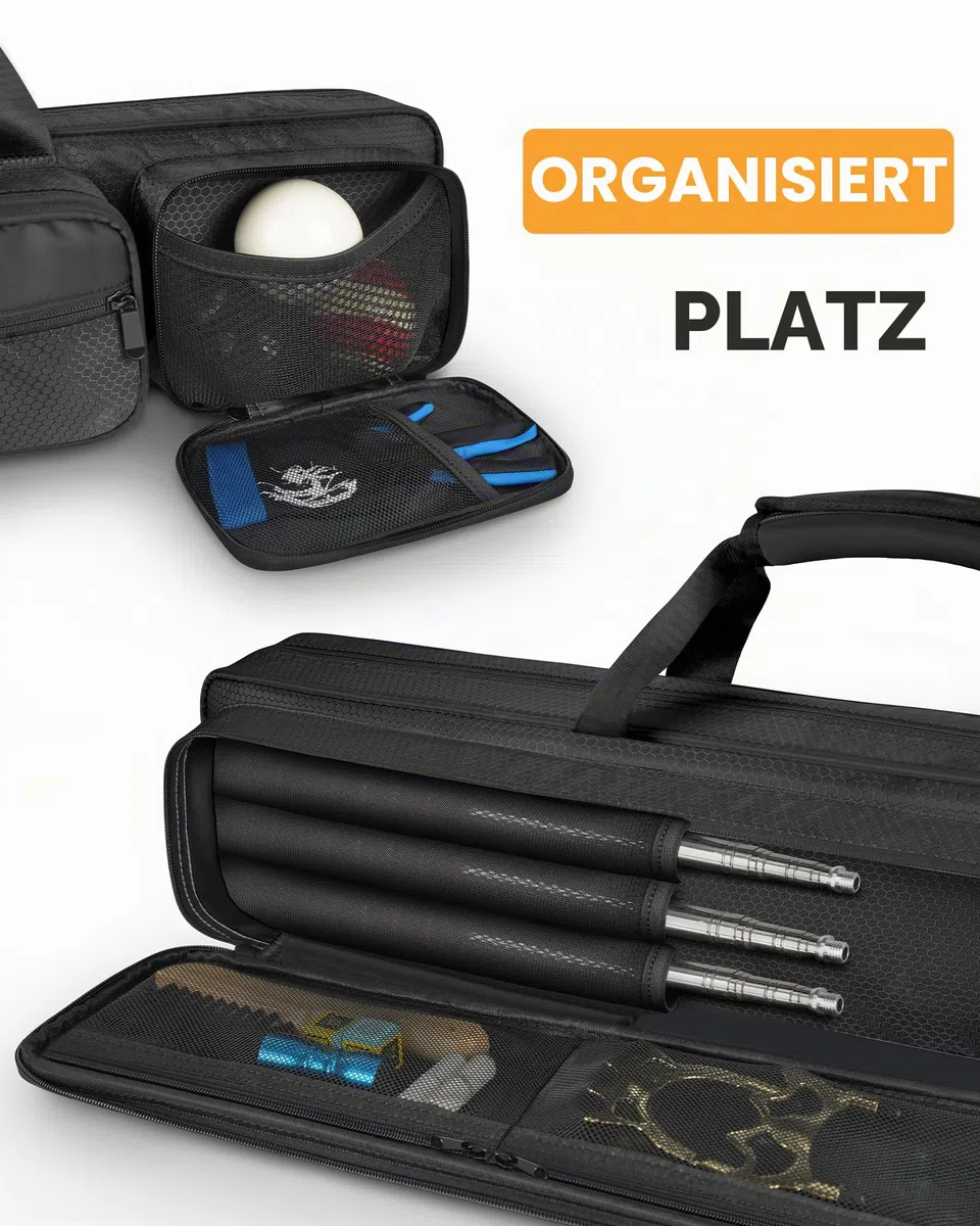 PEKREWS Billard Queue Tasche, Pool Cue Bag 4×5 für 4 Unterteile und 5 Schäfte mit Reißverschlusstasche, Schultergurt und Tragegriff, Weiche Tragetasche für 1/2 Billard Stick für Damen und Herren