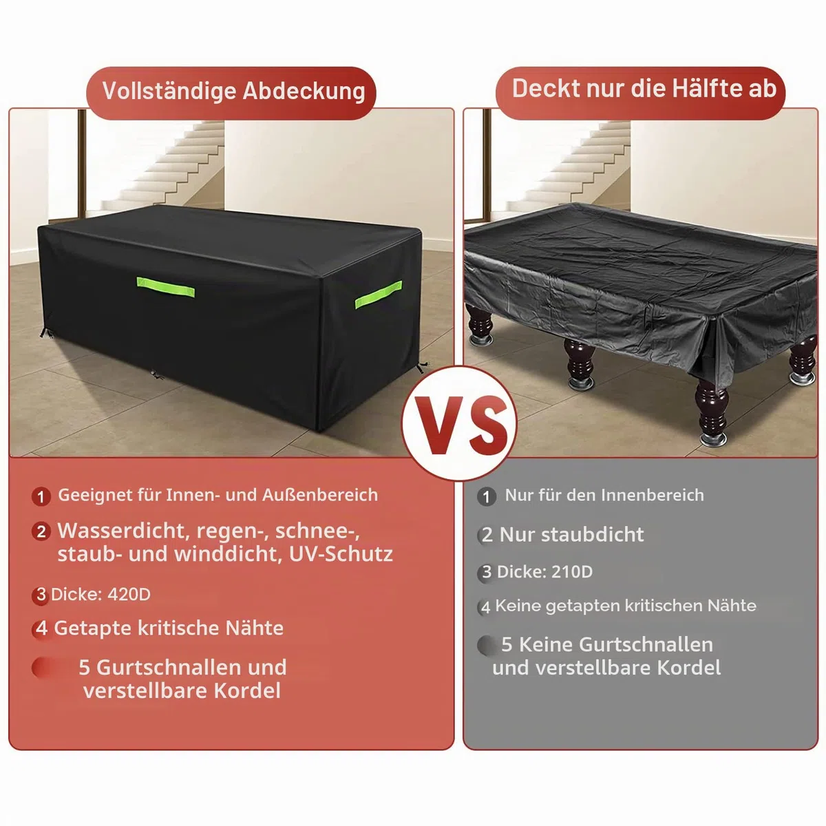 GEMITTO 7/8/9 ft Abdeckplanen für Billardtische Billard Tischabdeckung Billardtischabdeckung Snooker Waterproof Abdeckung Gartenmöbel Abdeckung für Billard, Snooker 420D-Polyester 102x53x32in