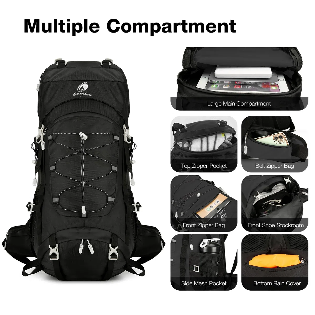 60L Wanderrucksack Herren Damen, Wasserdicht Bequem Trekkingrucksack mit Hüftgurt, Groß Backpacking Rucksack für Outdoor Camping Reise, Schwarz