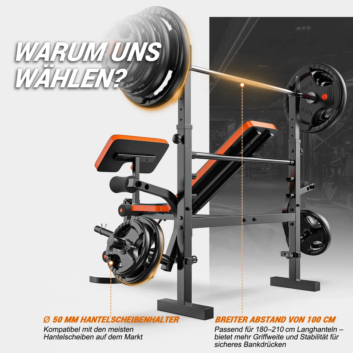 XDDIAS Hantelbank Verstellbar für Zuhause, Flach-/Schrägbank mit Squat Rack,Curlpult & Beinstrecker, Langhantelbank für Krafttraining, 350 kg Belastbarkeit