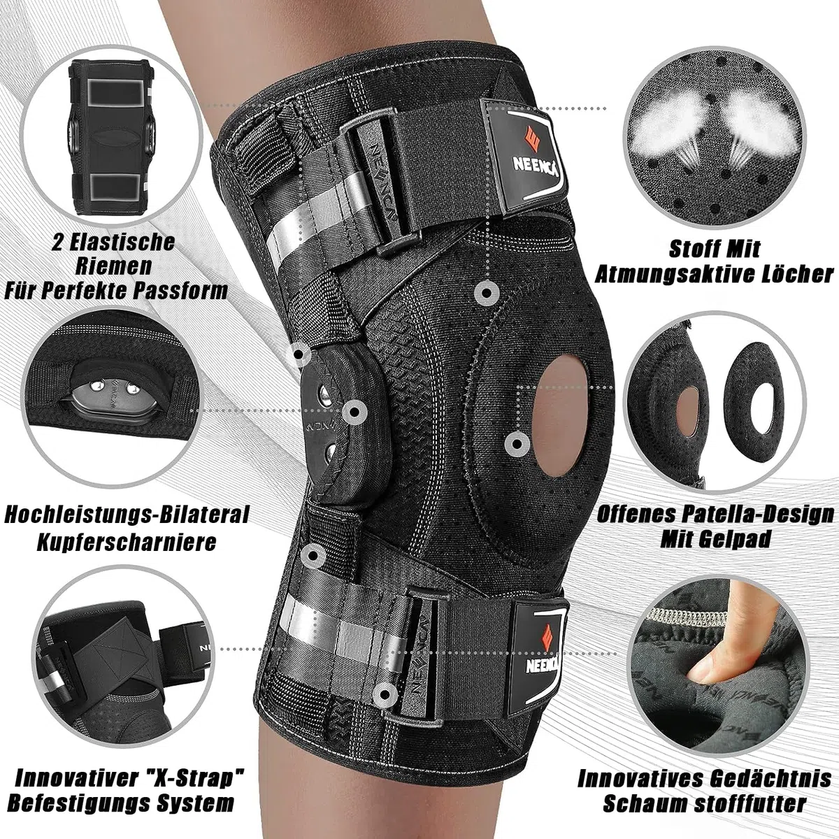 NEENCA Kniebandage gegen Knieschmerzen, Kniestütze mit Scharnier und patentiertem X-Strap Befestigungssystem, starke Stabilität zur Schmerzlinderung, bei Arthritis, Meniskusriss, ACL, PCL, MCL