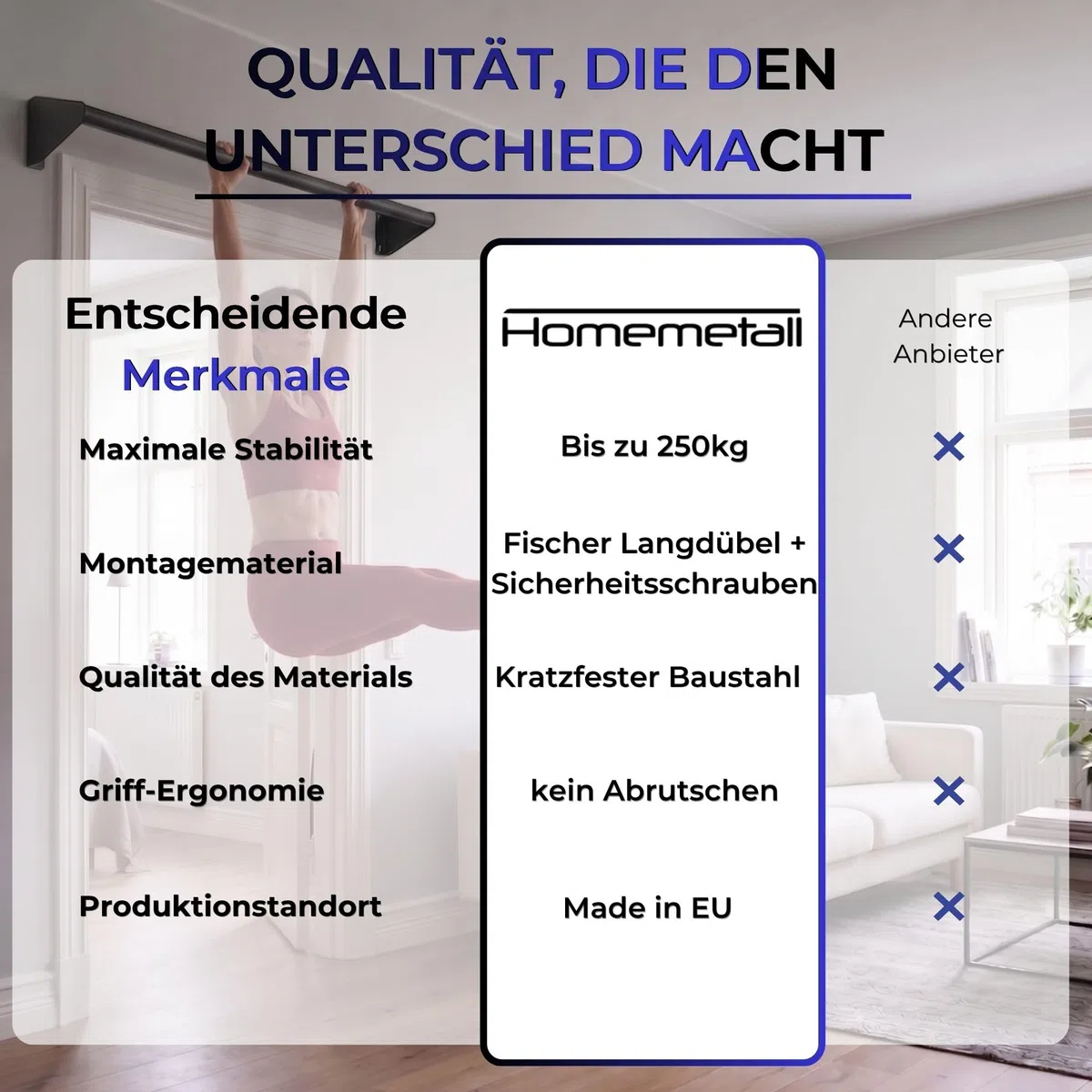 Klimmzugstange, Pull Up Bar über Türrahmen & Balken - robustes Material pulverbeschichtet - Belastbar bis 500 kg - inkl. Montagematerial