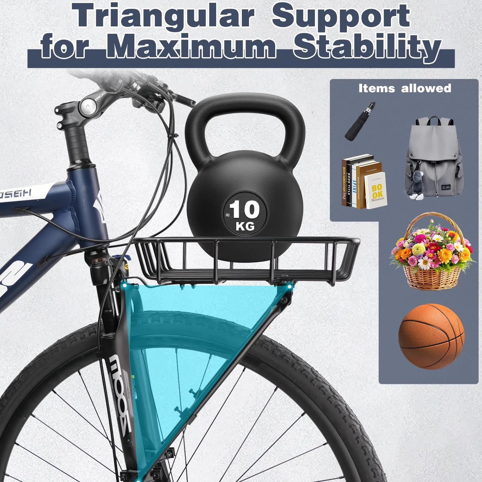 WEEROCK Fahrradkorb mit vorderem Gepäckträger, breiter Fahrradkorb mit Stützstangen, Aluminium-Vorderradkorb für Mountainbike, Beachbike und Rennrad
