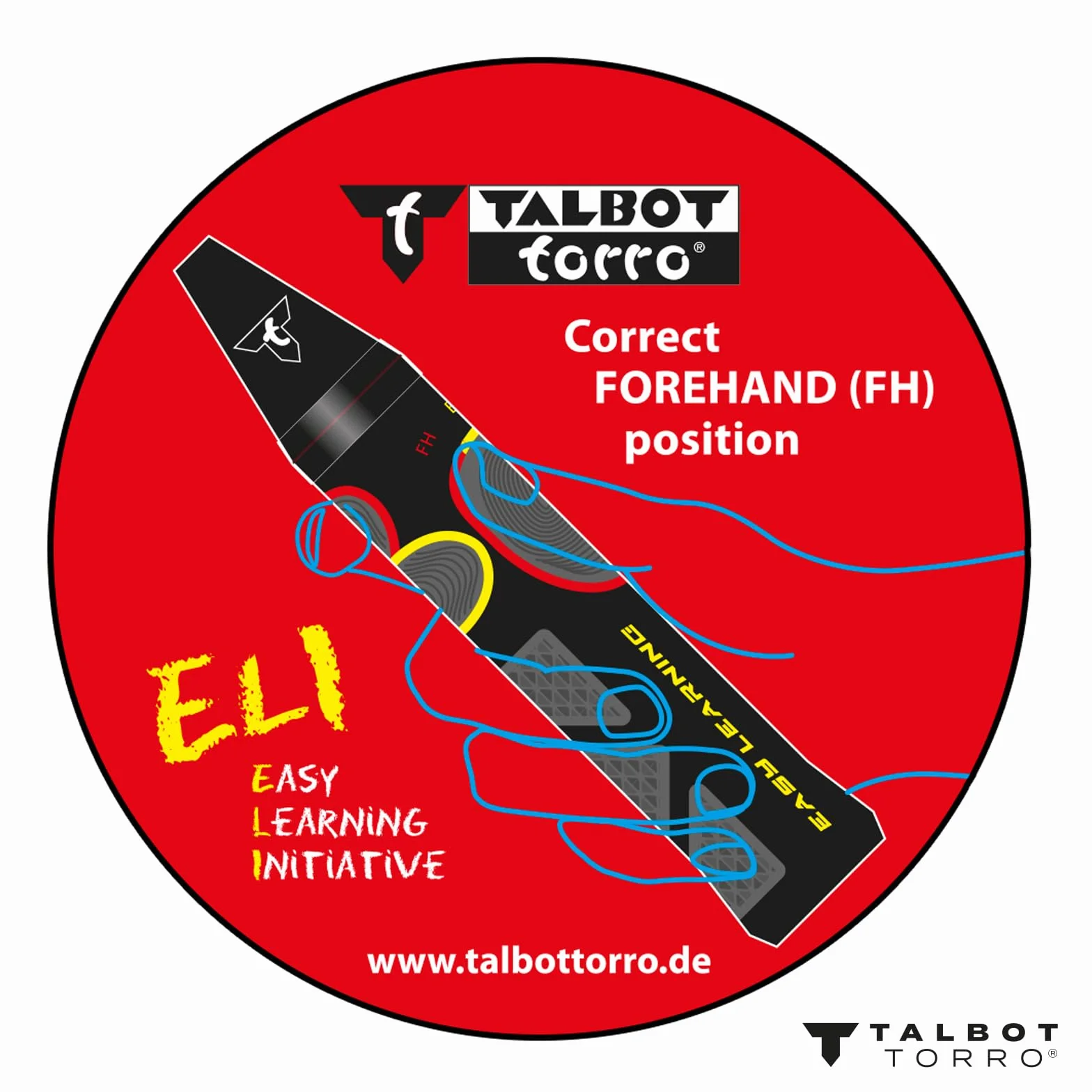Talbot Torro Lern-Badmintonschläger ELI Junior, verkürzte Länge 58 cm, Lerngriff, Tropfenkopf, ideal für Schulsport und Training, schwarz-gelb-blau