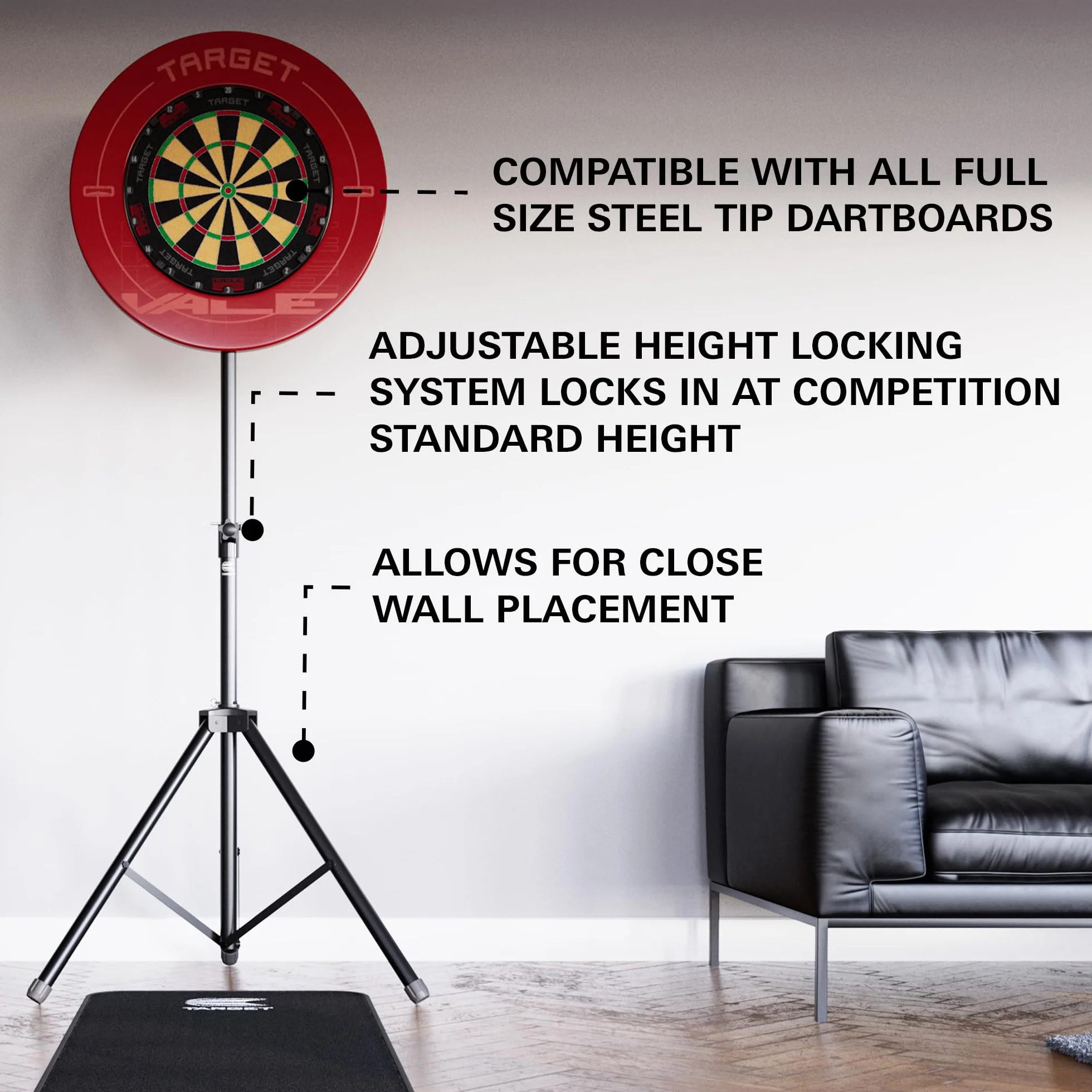 TARGET DARTS Tragbarer Dartboardständer | Mobiler Dartscheibenständer mit Stativ, freistehendes mit Halterung, für drinnen und draußen, faltbarer Reiseständer für Steeldarts und Softdarts Dartscheiben