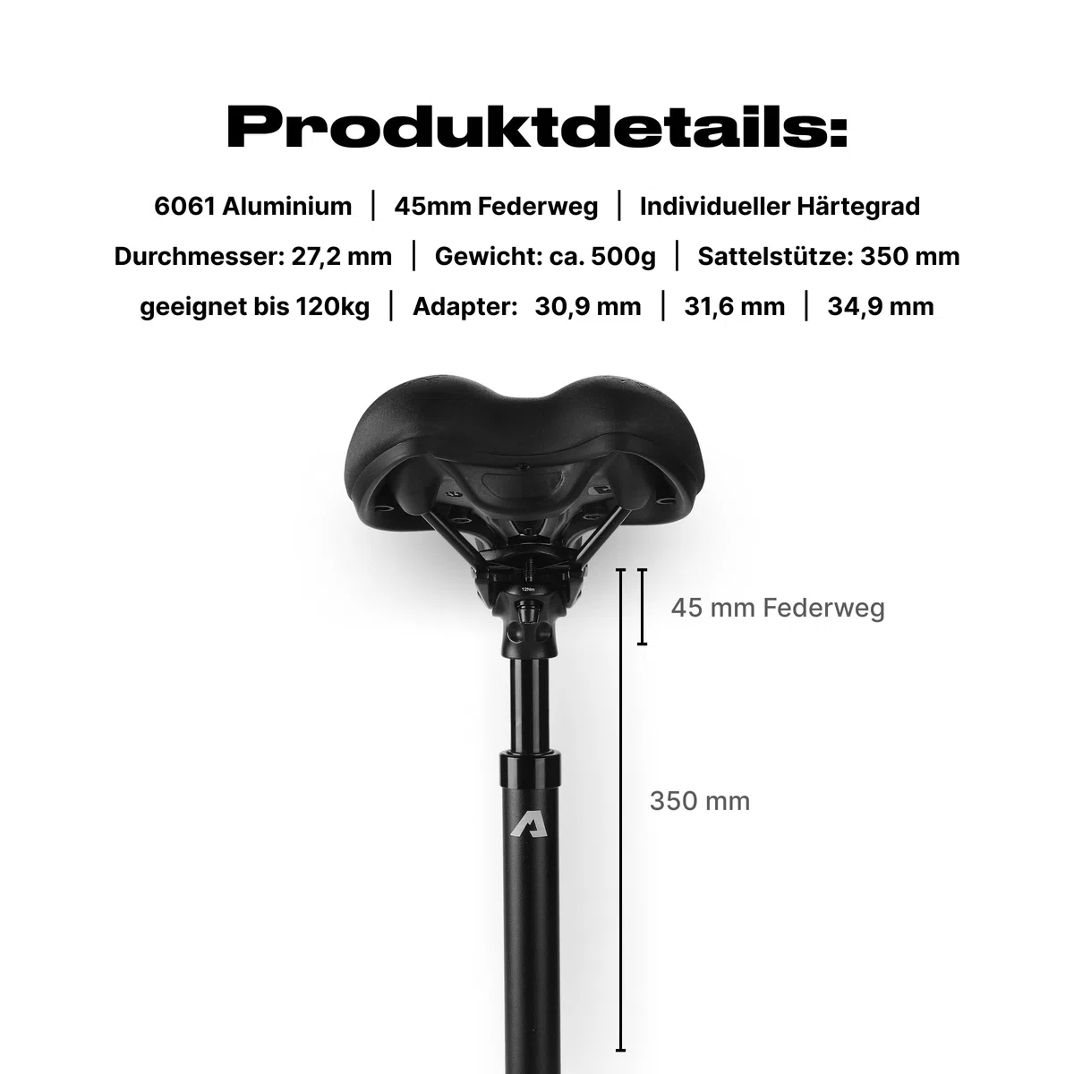 Alpensattel Gefederte Sattelstütze, 6061 Aluminium, 350mm, 27,2mm Durchmesser, 45mm Federweg, 500g, für MTB, E-Bike, Trekking, Gravel, Rennrad