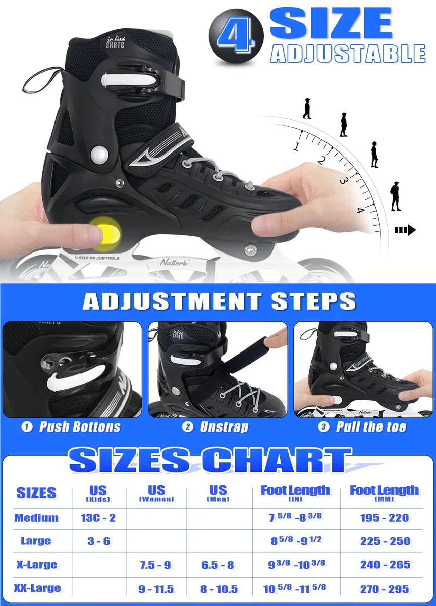 Nattork Inliner für Kinder und Erwachsene, 4 Größen Verstellbare Inline Skates Herren Damen, Rollerblades Outdoor und Indoor Anfänger