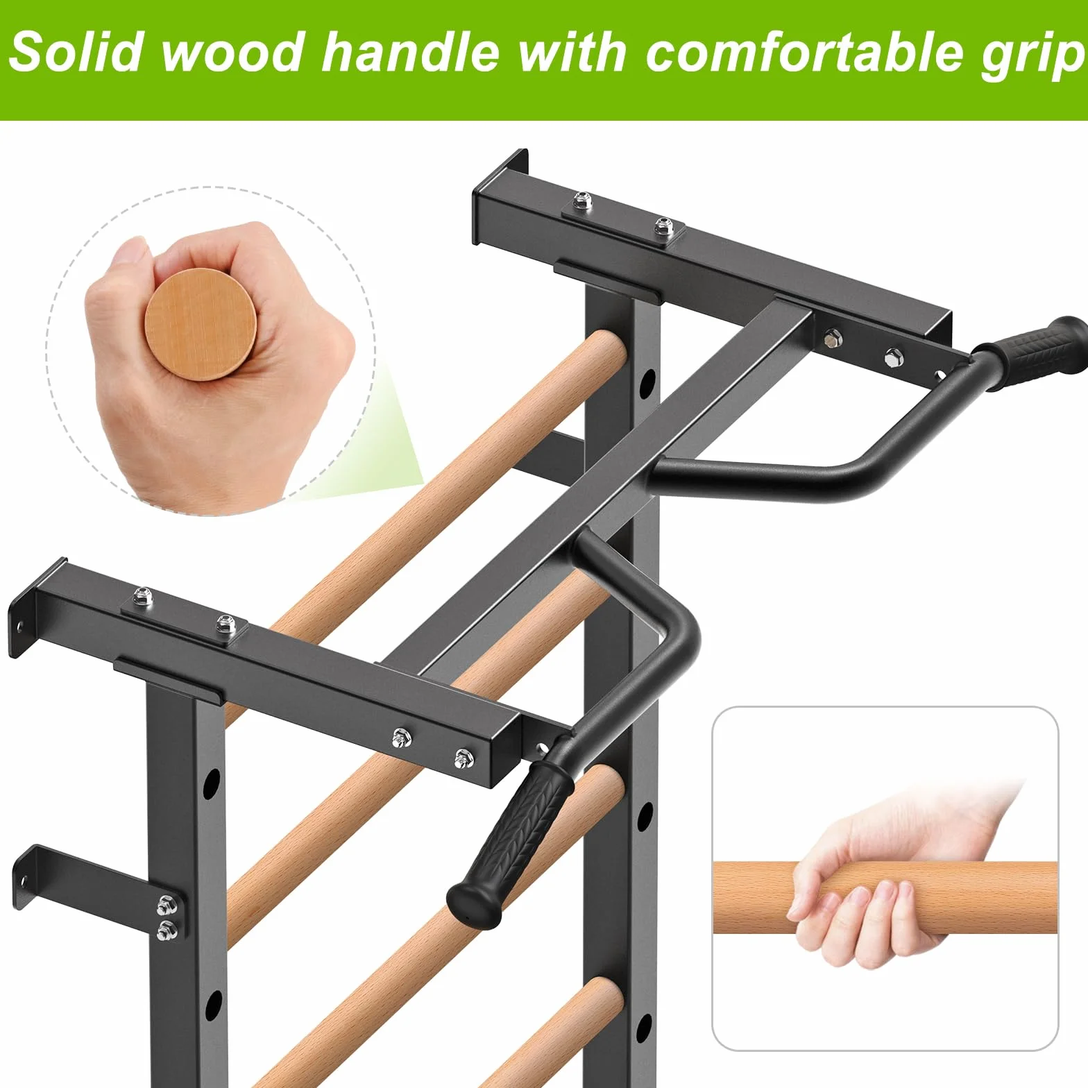 Kipika Turnreck – 5,1 x 5,1 cm schwedische Leiter mit 2,5 cm Loch, wandmontierter Klimmzugstangen-Leiter-Schlingentrainer, Gymnastik-Trainingsreck mit Massivholzgriffen für Zuhause, Wandturnhalle