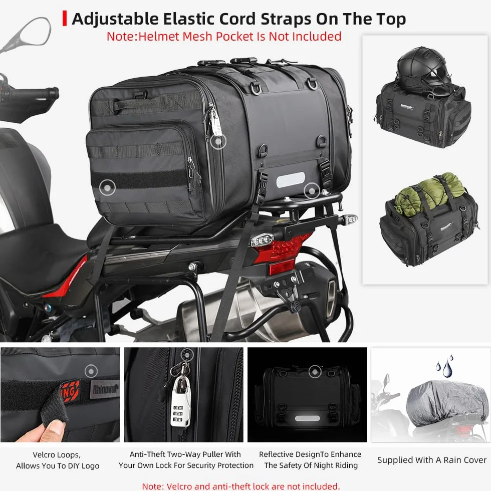 Rhinowalk Erweiterbare Motorrad-Hecktasche – Wasserdicht 60-80L | Robust und Vielseitig für Touring- und Straßenmotorräder