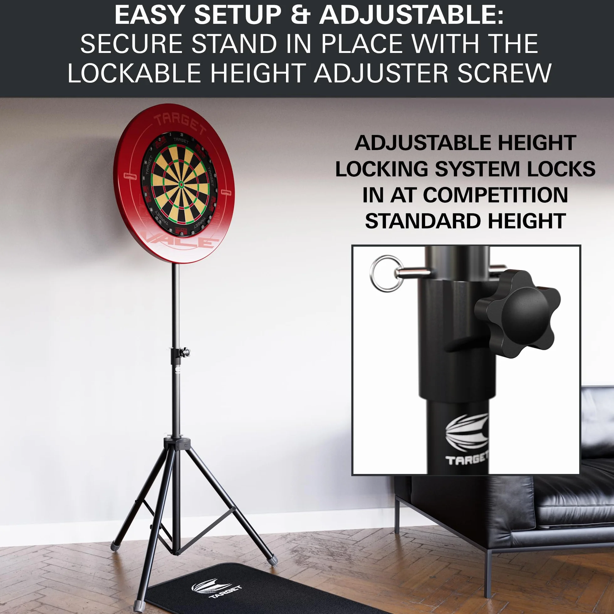 TARGET DARTS Tragbarer Dartboardständer | Mobiler Dartscheibenständer mit Stativ, freistehendes mit Halterung, für drinnen und draußen, faltbarer Reiseständer für Steeldarts und Softdarts Dartscheiben