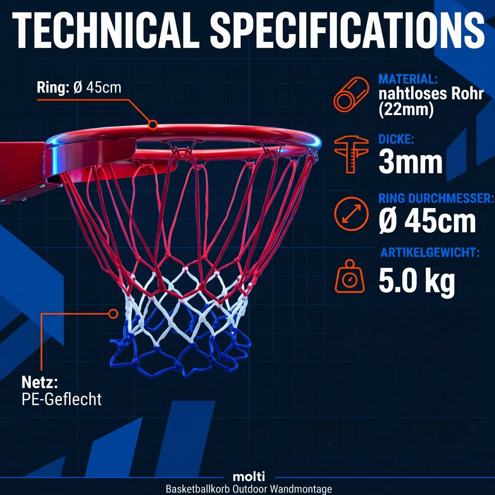 molti Basketballkorb Outdoor Wandmontage Ø 45 cm Basketballring mit Netz Kipp-Mechanismus mit zertifizierten Federn kippbarer Basketball