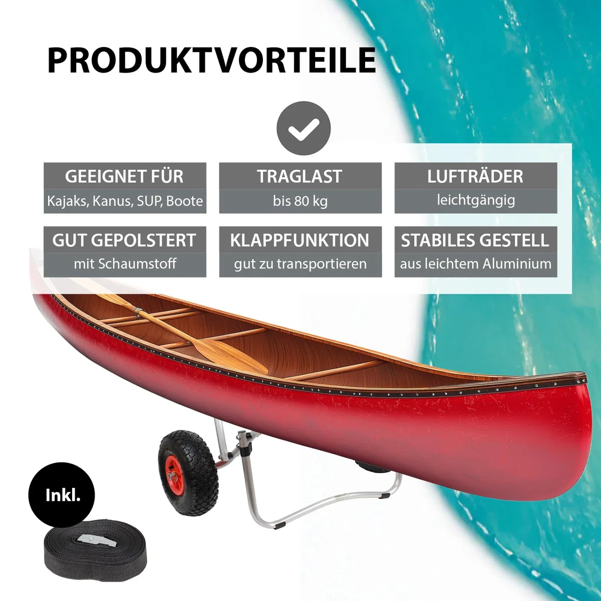 TRUTZHOLM Kajakwagen klappbar aus Aluminium mit Schaumstoff-Polsterung Lufträder Kanuwagen bis 80 kg Transportwagen für Wassersportgeräte Kajakwagen SUP Wagen Bootswagen Surfwagen inkl. Spannriemen