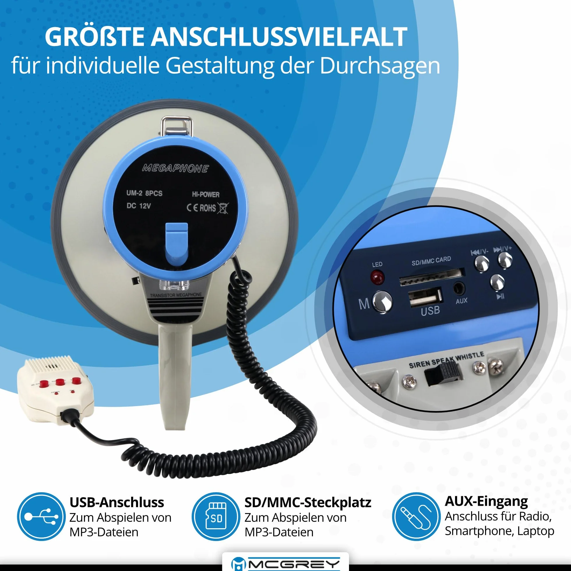 McGrey MP-800HRS Megaphon (Sprachrohr, 25 Watt RMS/80 Watt MAX), bis zu 1000m Reichweite, Handmikrofon, Sirene, Whistle, Aufnahmefunktion, USB/SD/AUX-MP3-Player batteriebetrieben grau/blau