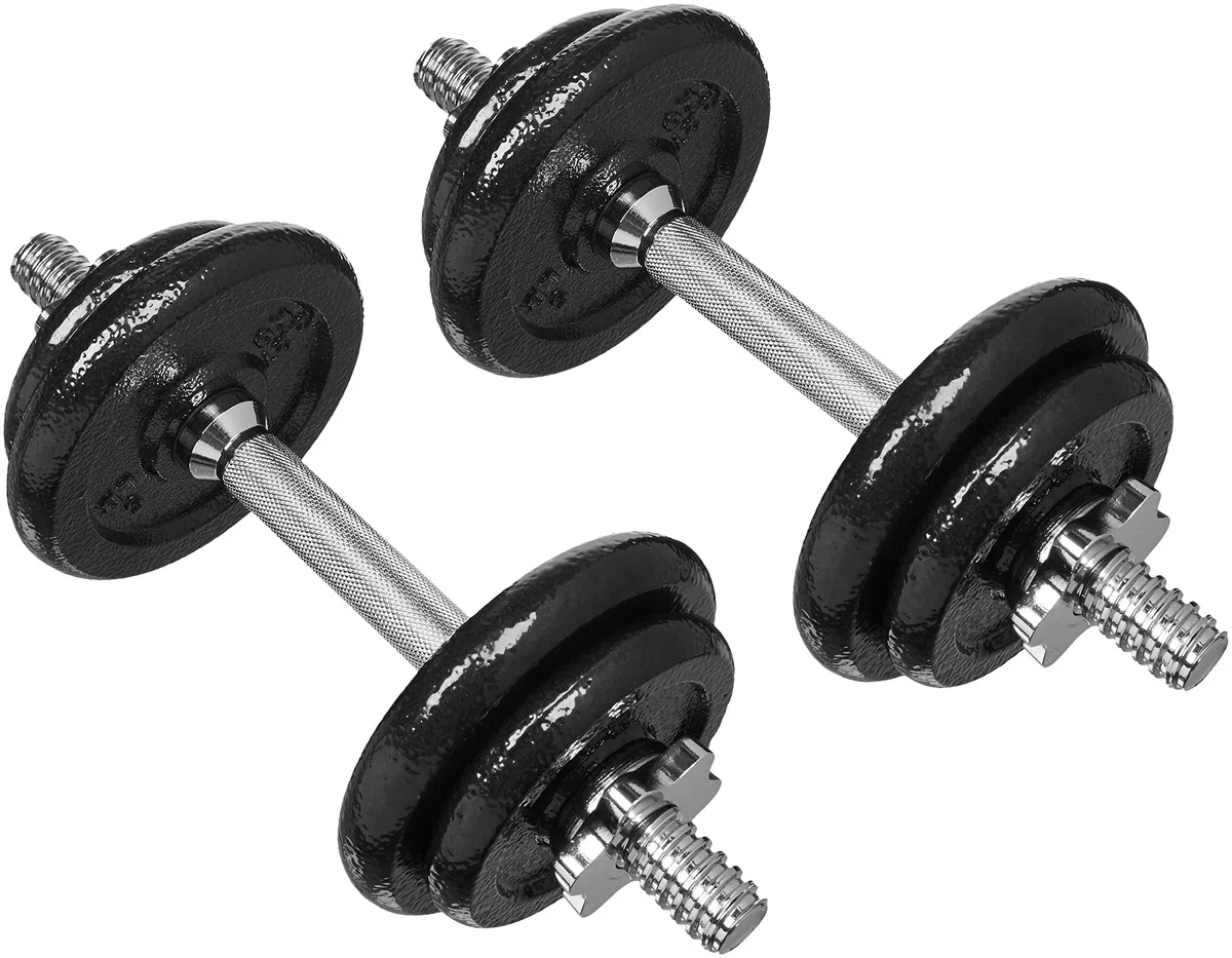 Amazon Basics – Gewichthebe-Set mit Hanteln und Gewichten, individuell konfigurierbar, mit Koffer, 17.2 kg (38 lbs), Schwarz