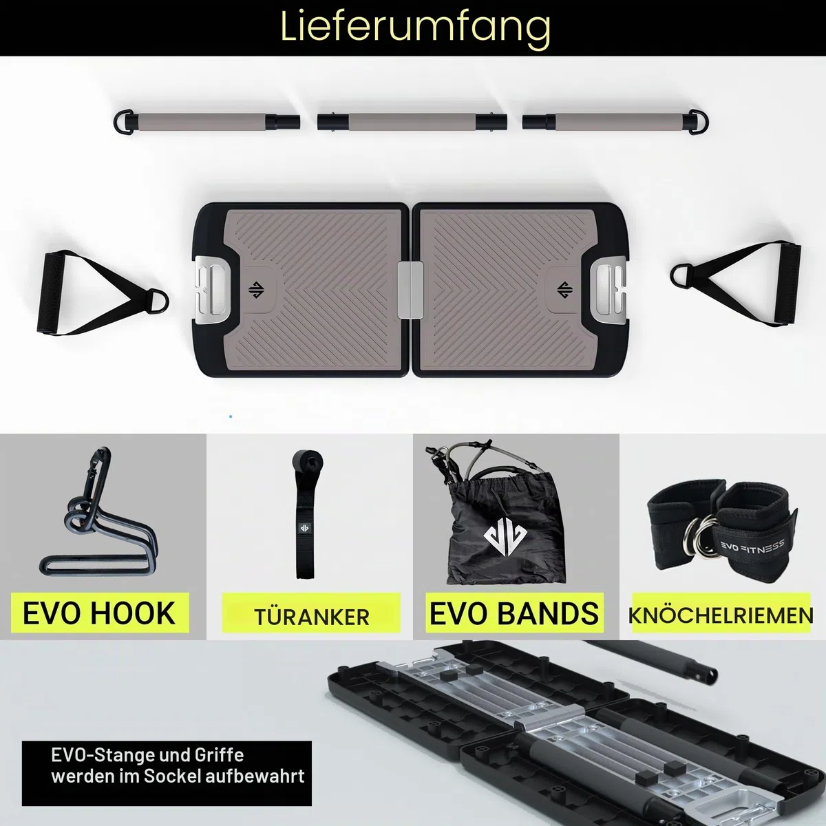 EVO Gym – Tragbares Krafttrainingsgerät für zu Hause, Fitnessstudio; All-in-One-Fitnessstudio; Widerstandsbänder, Basis hält Turnstange und Griffe für Reisen | Tragbares Fitness- und