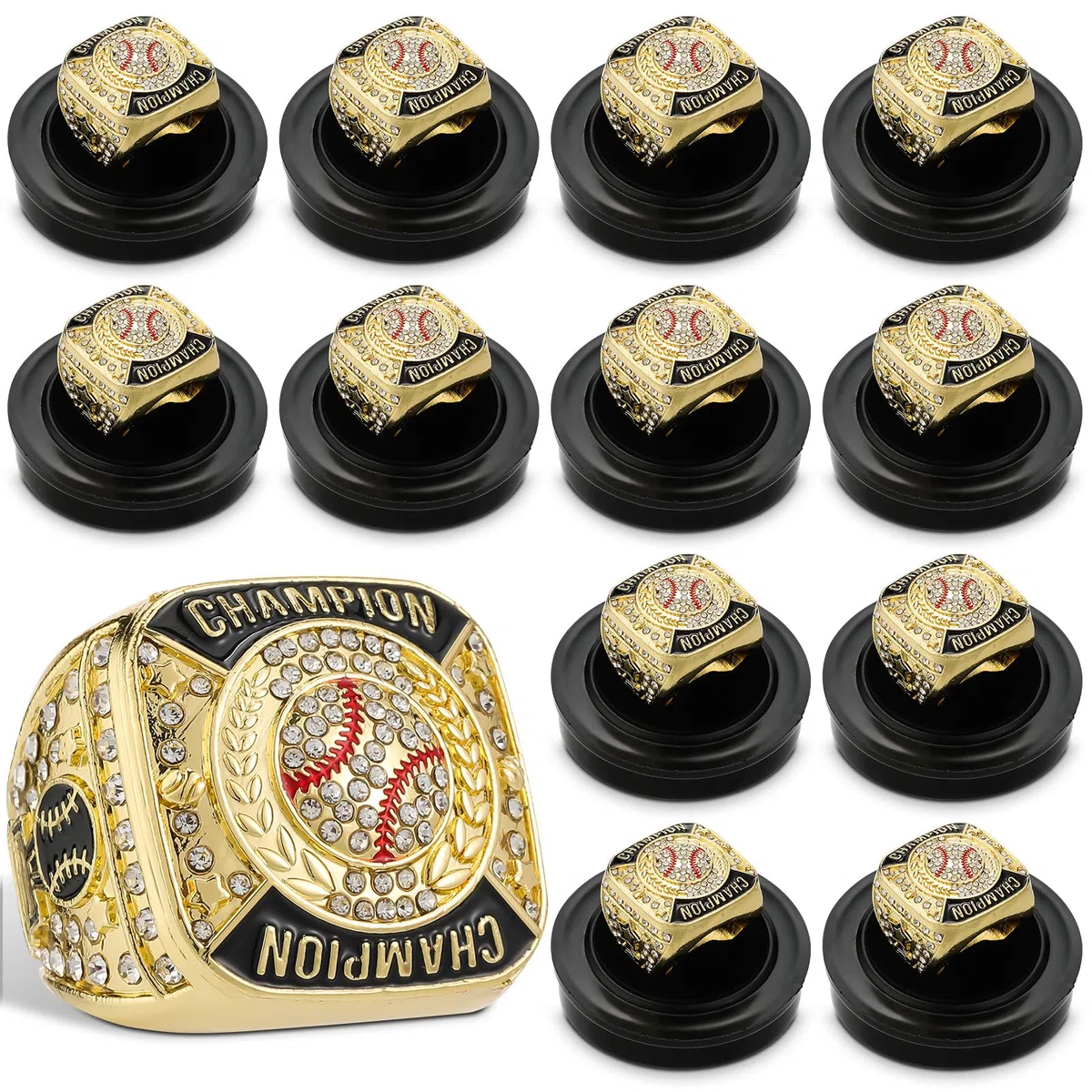 Landical 12 Stück Baseball-Meisterschaftsringe, Ballspiele, Meisterschaft, Trophäenringe, Sportball, Auszeichnungsgeschenk mit Display-Hals-Kette und Ständer für Turnier oder Champion-Sieger