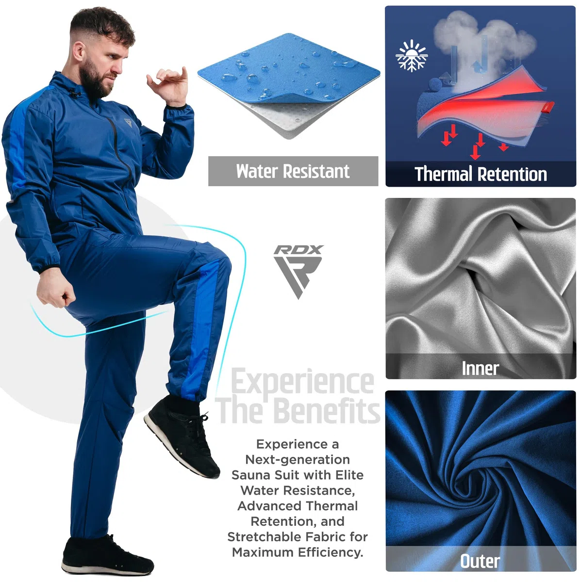 RDX Schwitzanzug Zum Abnehmen, Saunaanzug REACH OEKO TEX 100 ZERTIFIZIERT, Sauna Suit Fitnessanzug Sweatsuit Sportanzug Trainingsanzug Sweatanzug Thermo MMA Boxen Gym Sport Fitness Laufen Herren Damen
