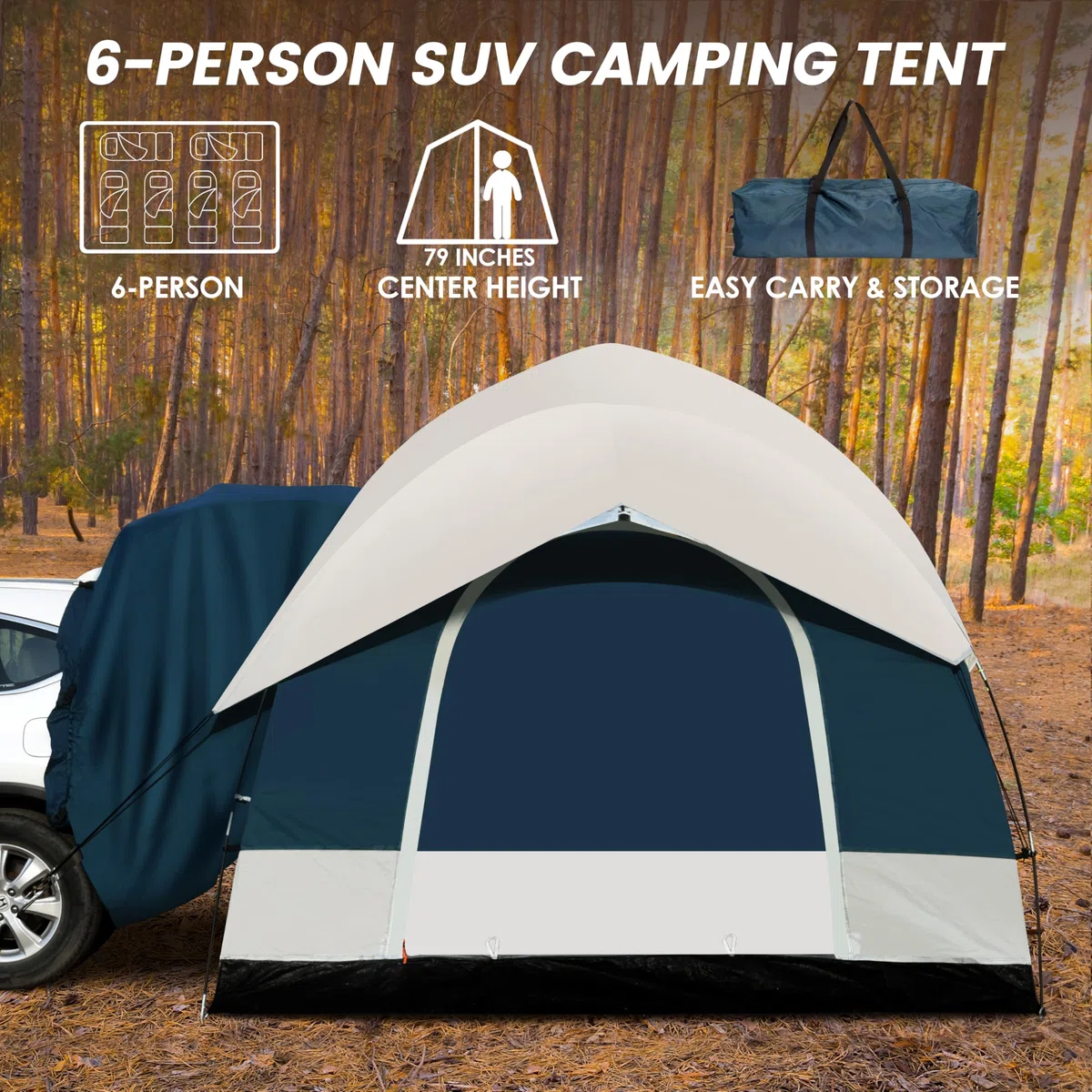 Universal Heckzelt SUV Zelt zum Campen, 6 Personen Autocampingzelt, SUV Heckklappenzelt für Außenbereich, Einfach aufzubauendes Zelt mit Regendach, 250 x 250 x 210 cm, für Auto, CUV, Minivan