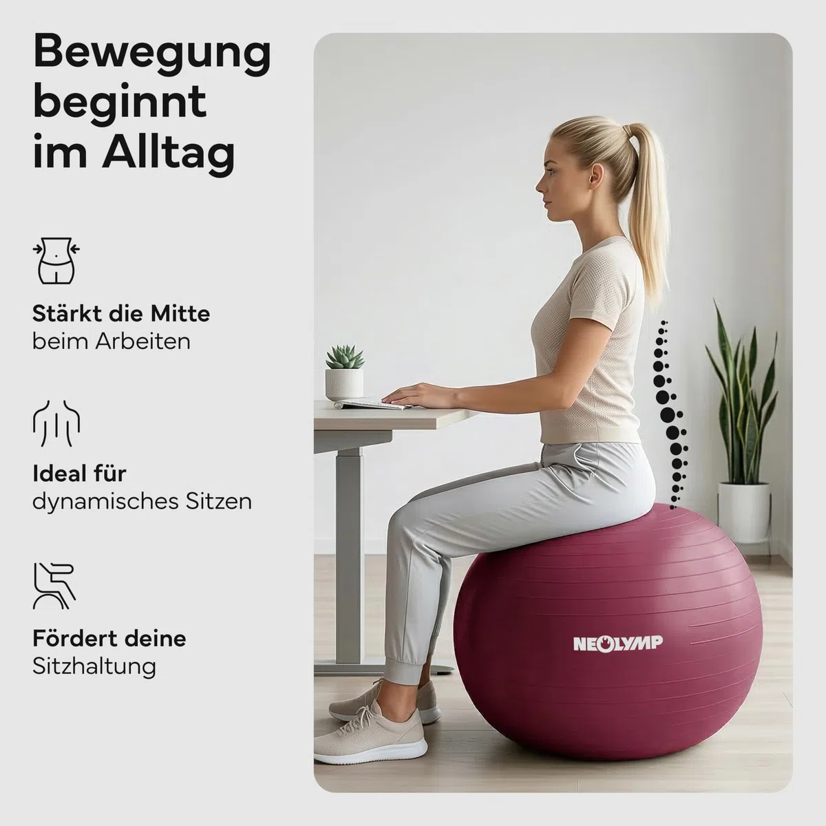 NEOLYMP Gymnastikball - Sitzball Büro ergonomisch in 3 Größen S/M/L - bis 300 kg belastbar, rutschfest & Anti Burst - Pilates Ball, Pezziball, Schwangerschaftsball, Yoga Ball für Homeoffice