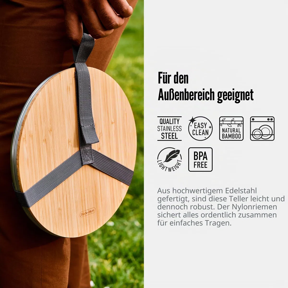 BLACK + BLUM Picknickteller 4er Set - Edelstahl Teller mit Bambus Schneidebrett Deckel und Tragegurt