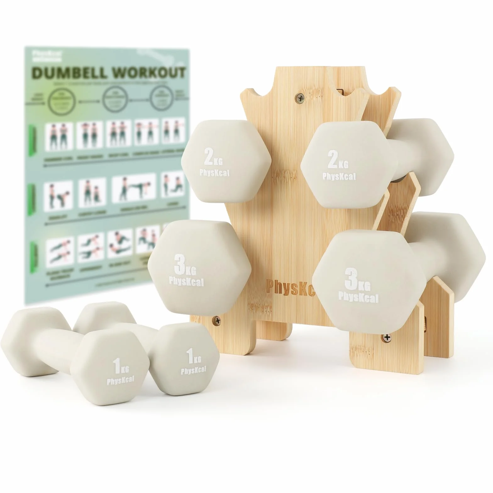 PhysKcal 6er- Hanteln Set mit Bambusständer, Kleine Neopren Kurzhantel Set | Stilvolles Fitnessgeschenk für Anfänger, Damen und Kinder, ästhetisch als Wohnaccessoire, ideal für Pilates, Reha und Cardio